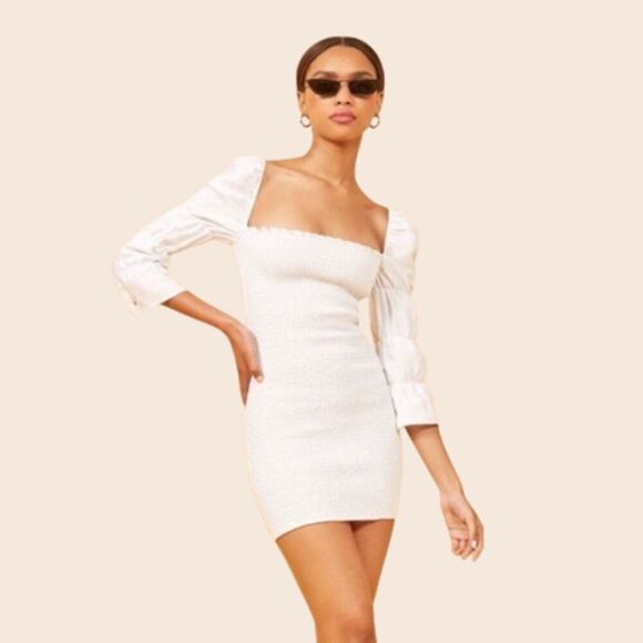Reformation White Smocked Jacinta Mini Dress Size Medium - Picture 1 of 15